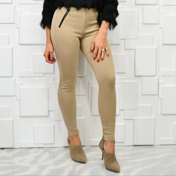 Classy Skinny Pants Tan with Zipper Trendy - Picture 1 of 3